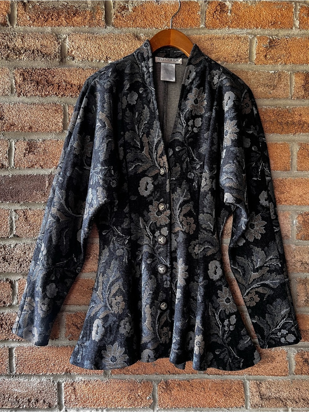 M.J. Carroll Vintage Grey Floral Jacquard Peplum Jacket Ornate Buttons Size 5/